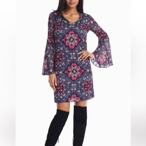 White House Black Market Navy and Magenta Long Sleeve Dress Sz M